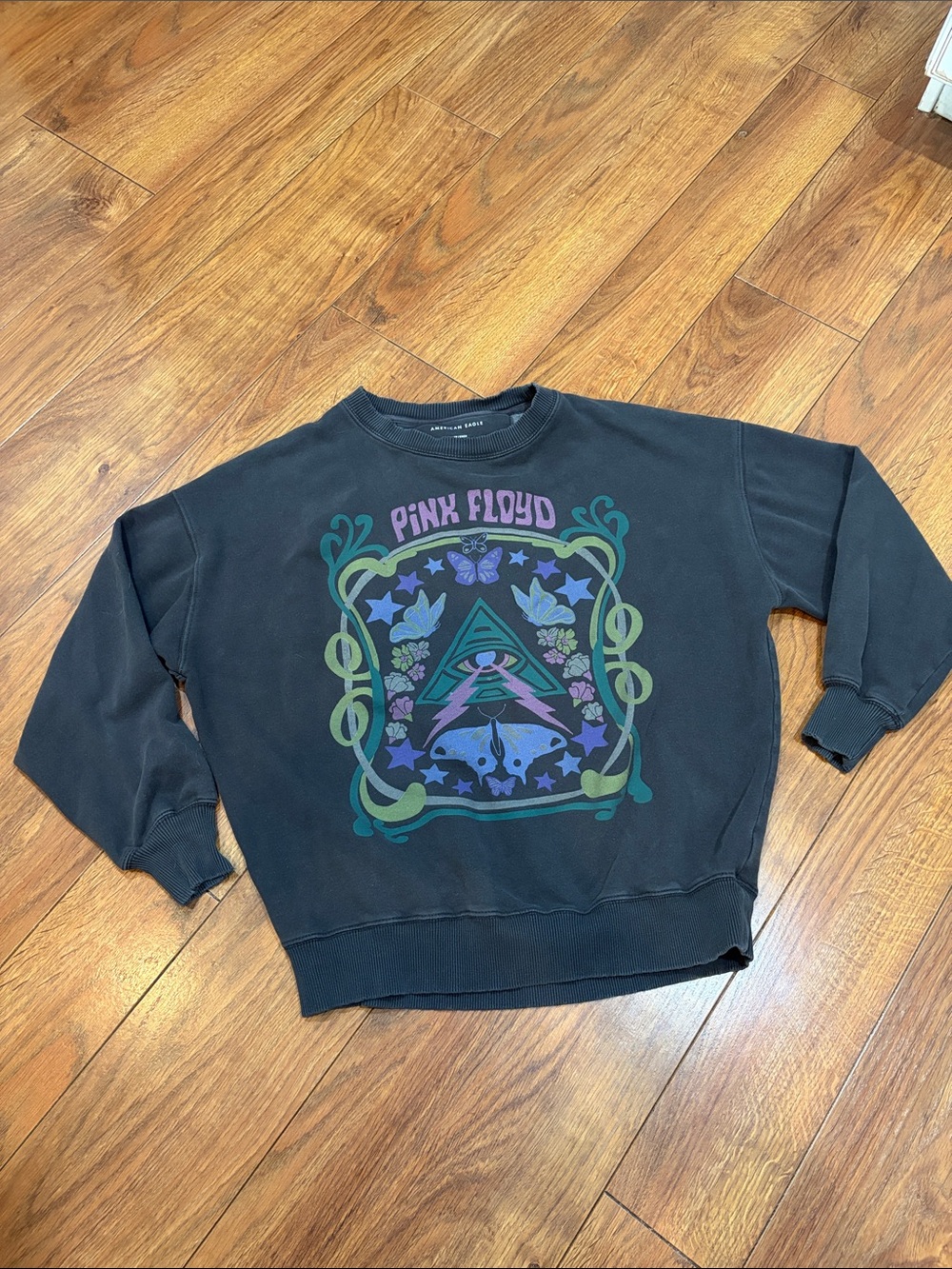 Pink Floyd Black Crewneck with Purple & Green Graphic AMERICAN EAGLE XS